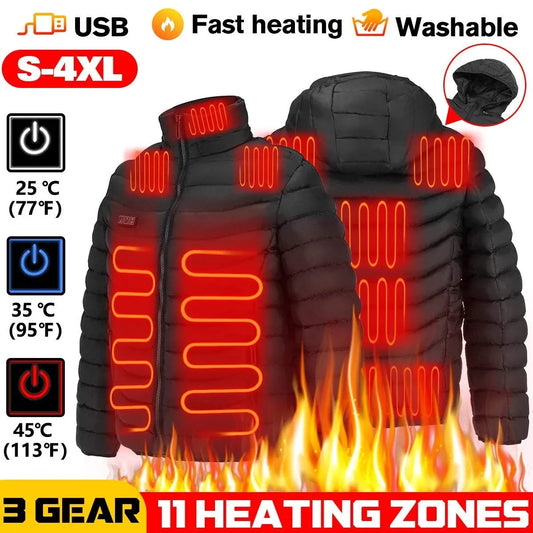 Men Winter Warm USB Heating Jackets Smart Thermostat Pure Color Hooded Heated Clothing Waterproof  Warm Jackets