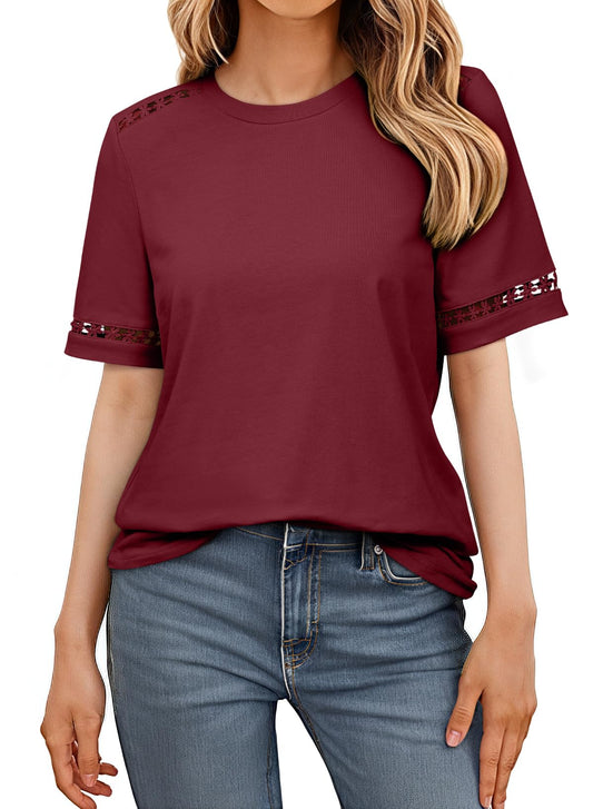 BLENCOT Womens Eyelet Fashion Tops Lace Short Sleeve Business Tee Shirts Knitted Blouses Summer Outfits Casual Dressy Casual Teacher Shirts Work Ladies Top Burgundy Red Small