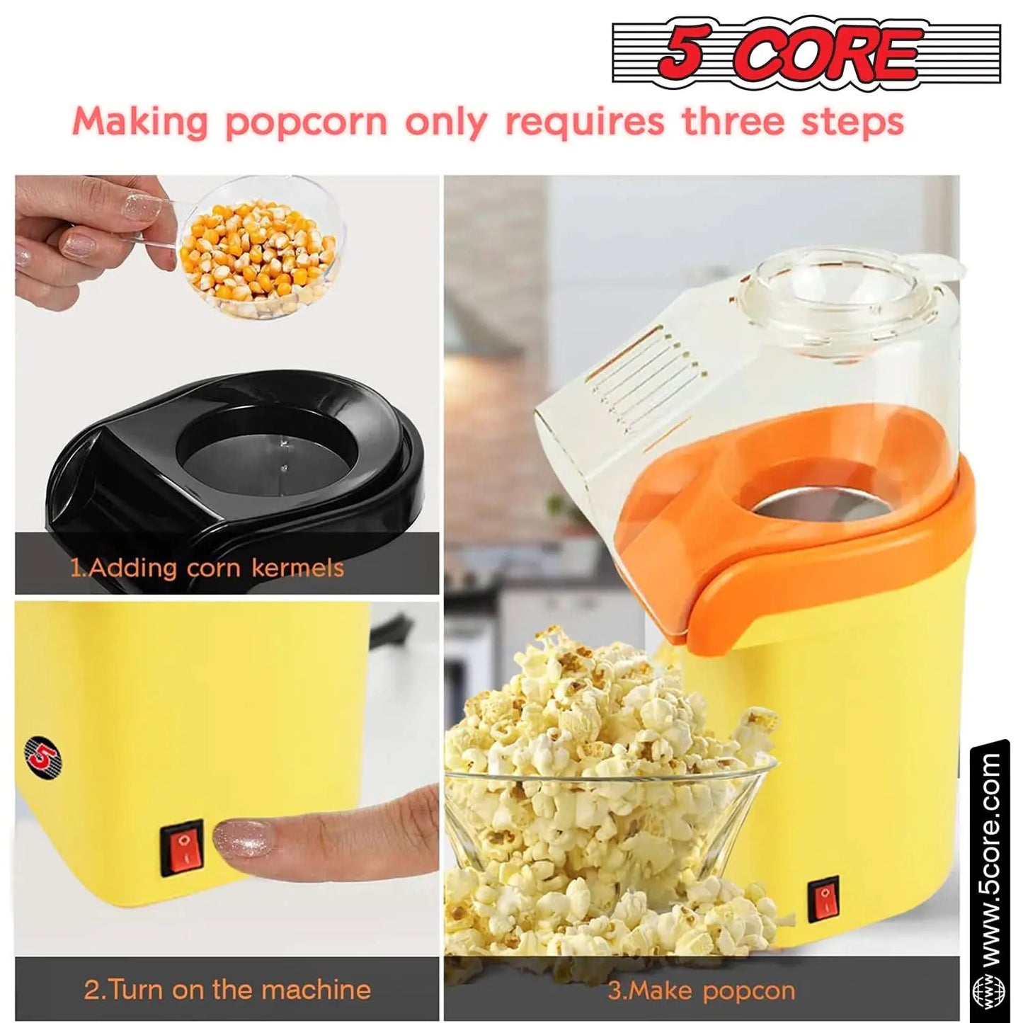 5Core Popcorn Machine 16 Cup Hot Air Popper Mini Portable Electric Pop Corn Maker YELLOW