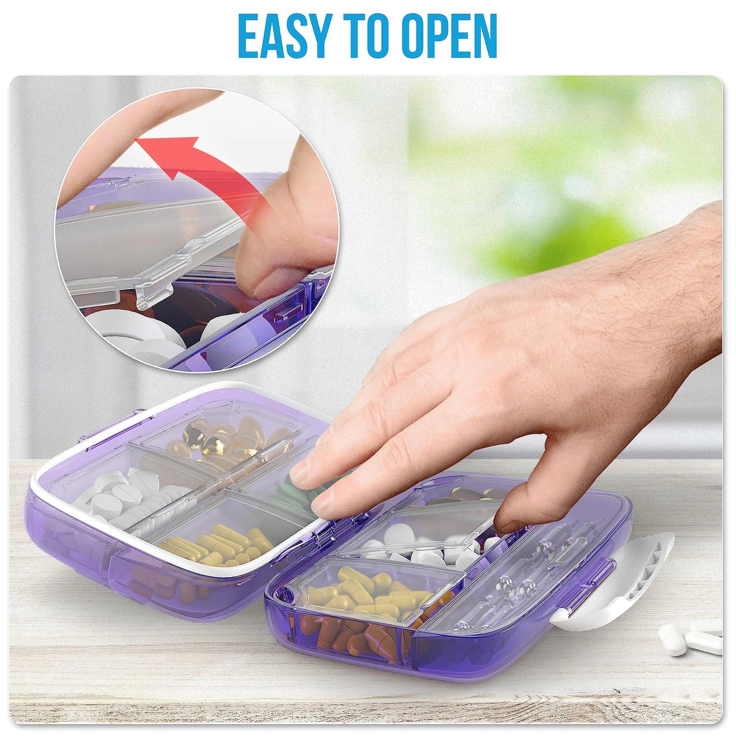 Pill Organizer Airtight Purple Pill Box Large Pill Dispenser for Home and Travel