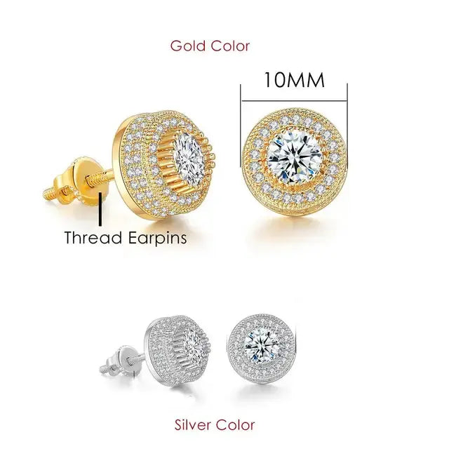 Rock Hip Hop Iced Out Stud Earring for Men Male Inlaid AAA+CZ Zircon Gold Color Piercing Ear Accessories Hiphop Trend Jewelry