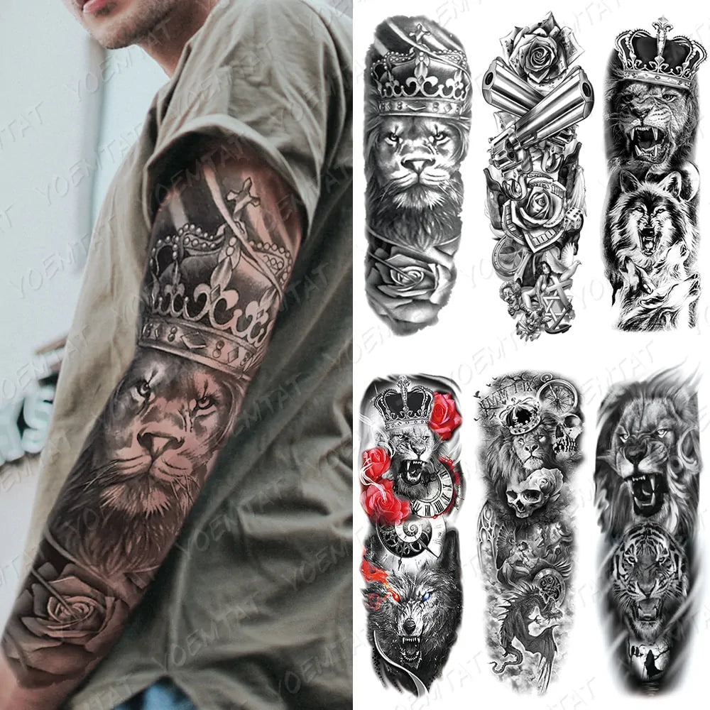 Large Waterproof Temporary Tattoo Sticker: Lion Crown King Rose Tiger Wolf Skull Totem