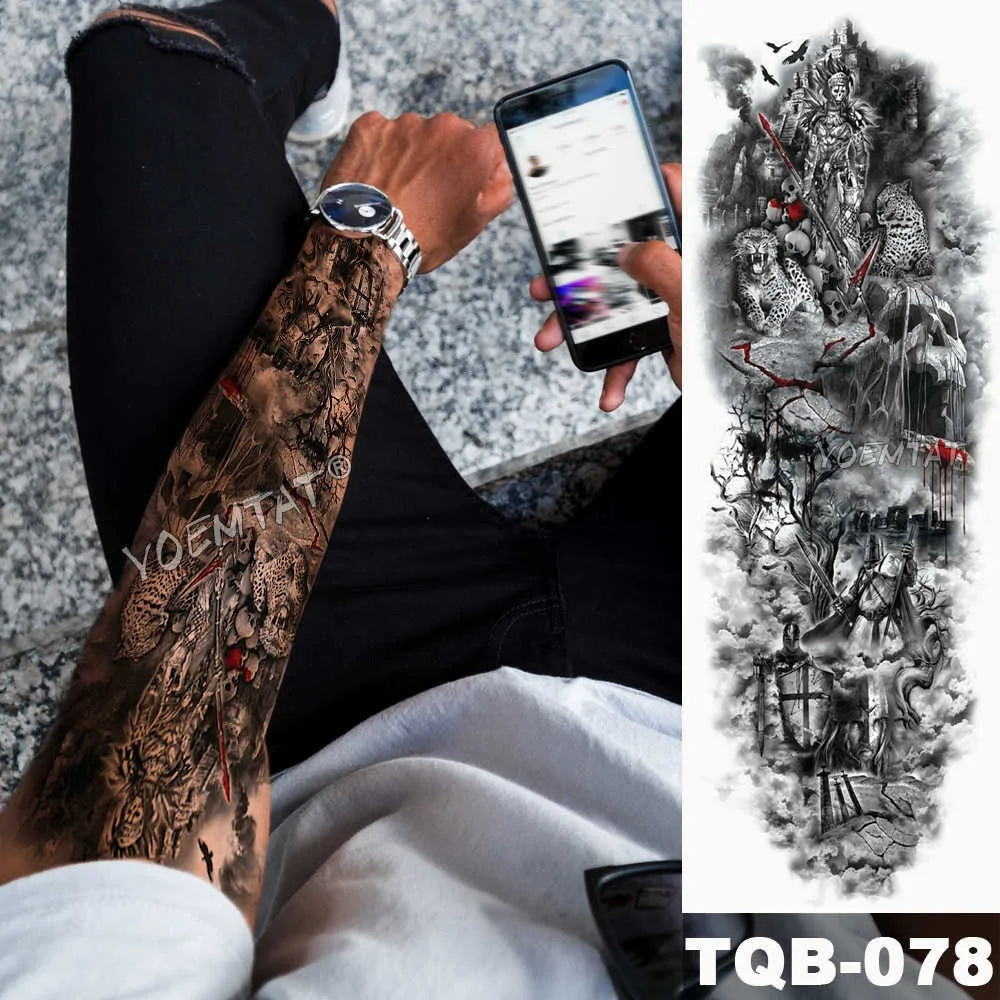 Large Waterproof Temporary Tattoo Sticker: Lion Crown King Rose Tiger Wolf Skull Totem