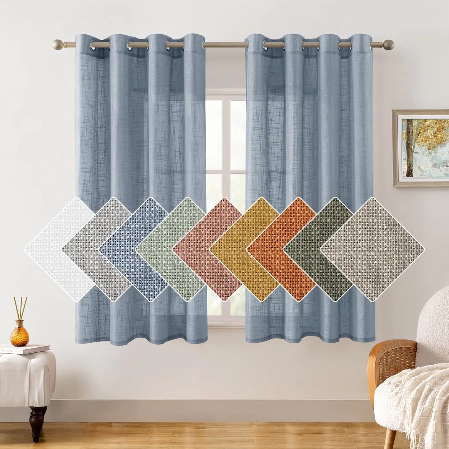 HOMEIDEAS Stone Blue Linen Sheer Curtains 63 Inches Long 2 Panels Textured Semi Sheer Curtains Farmhouse Curtains Sheer Privacy Window Curtains for Bedroom Living Room