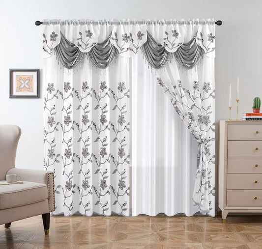 Petrichor Embroidery Sheer Curtain 2 Panels Set - Luxury Window Curtain Attached Valance with Satin Backing and 2 Tie Backs for Living RoomDining Room 54x95 inches Gray