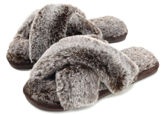 Cozyfurry Womens Cross Band Slippers Cozy Furry Fuzzy House Slippers Open Toe Fluffy Indoor Shoes Outdoor Slip on Warm Breathable Anti-skid Sole 7-8 Tip Coffee