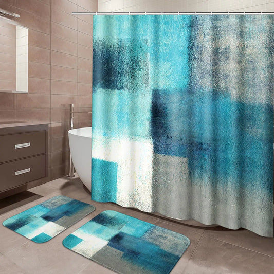 ArtSocket Teal Bathroom Sets with Shower Curtain and Rugs and Accessories Teal Grey Abstract Painting Gray Shower Curtain Sets Modern Shower Curtains for BathroomGreen Bathroom Decor 3 Pcs