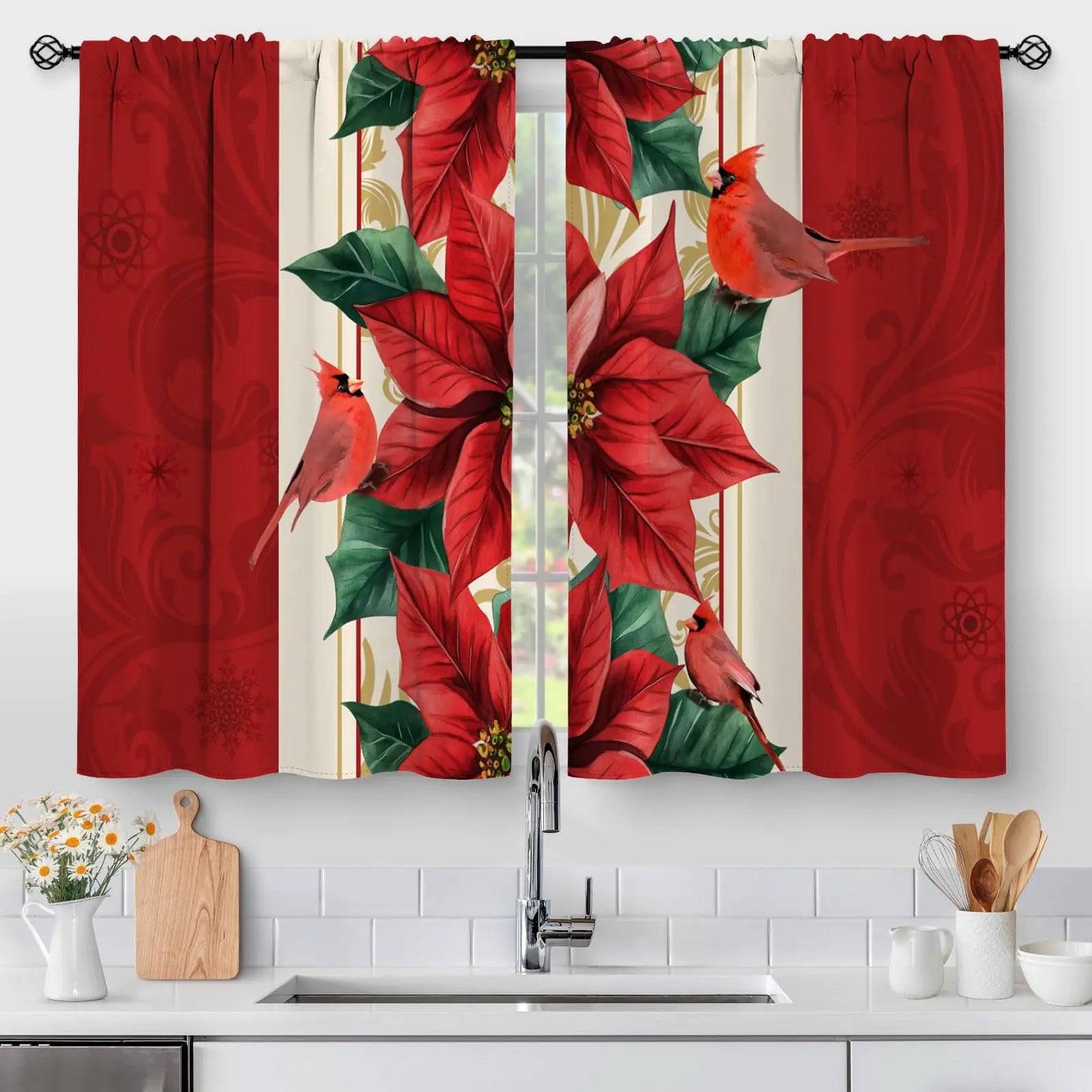 Christmas Poinsettia Flowers Kitchen Curtains - Xmas Red Cardinal Birds Winter Pattern Small Short Window Curtains for Living Dining Room Decor Rod Pocket Window Drapes 36 Inch Length Set 28"x36"