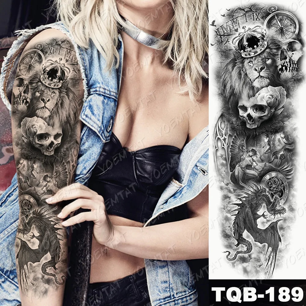 Large Waterproof Temporary Tattoo Sticker: Lion Crown King Rose Tiger Wolf Skull Totem