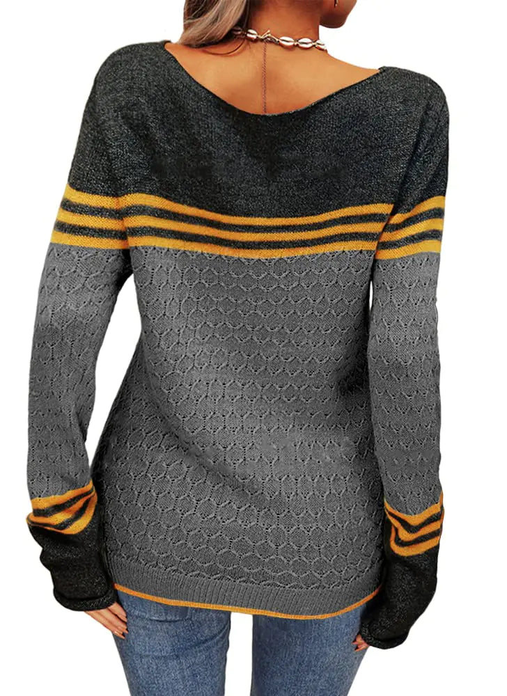 Danedvi Women Autumn Winter Colorblock Pullover Sweaters Round Neck Striped Slim Fitting Knitwear Tops Black Large