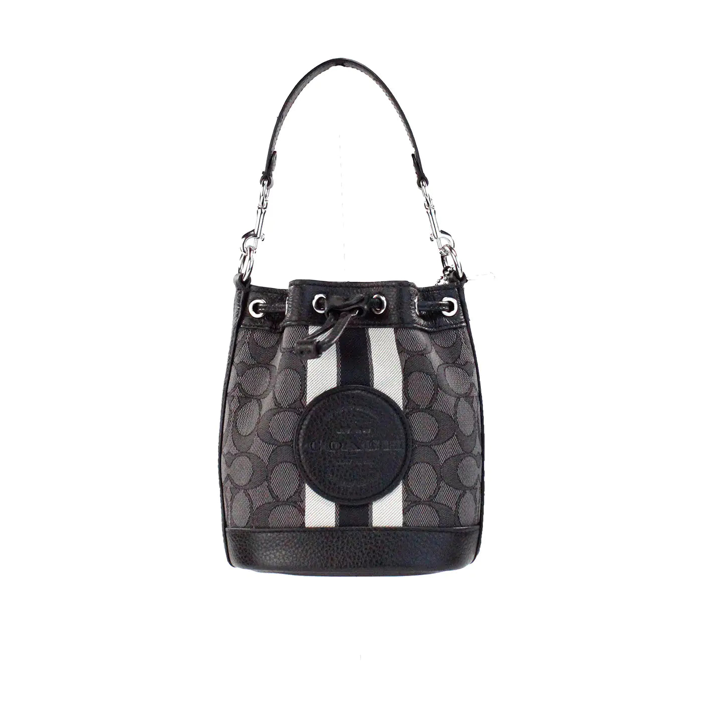 Coach Dempsey Mini Black Jacquard Canvas Patch Crossbody Bucket