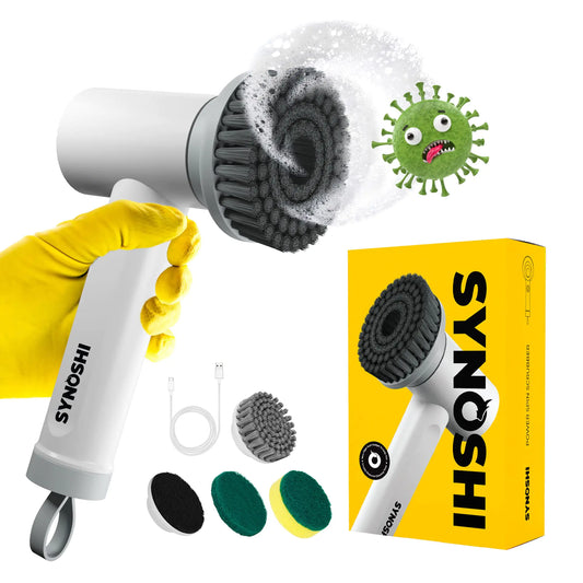 SYNOSHI | Electric Spin Scrubber Power Cleaning Brush with 3 Replaceable Heads Cordless Waterproof Scrubber Dual Speed Perfect for Bathrooms Showers Tile Cars Floor White 4.5 x 7 in