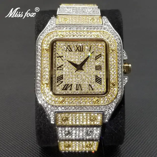 MISSFOX Ice Out Square Watch For Men Top Brand Luxury Full Diamond Mens Watches Ultra Thin Waterproof Hip Hop Clock Dropshipping