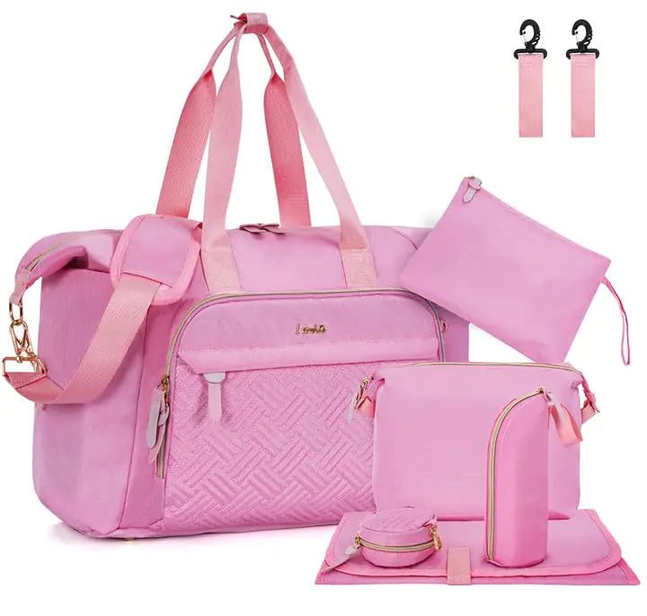 LASUK 7pcs Diaper Bag Tote Large Mommy Bag Travel Diaper bags Baby Diaper Tote Bag for Mom Hospital Bags Baby Bag Pink