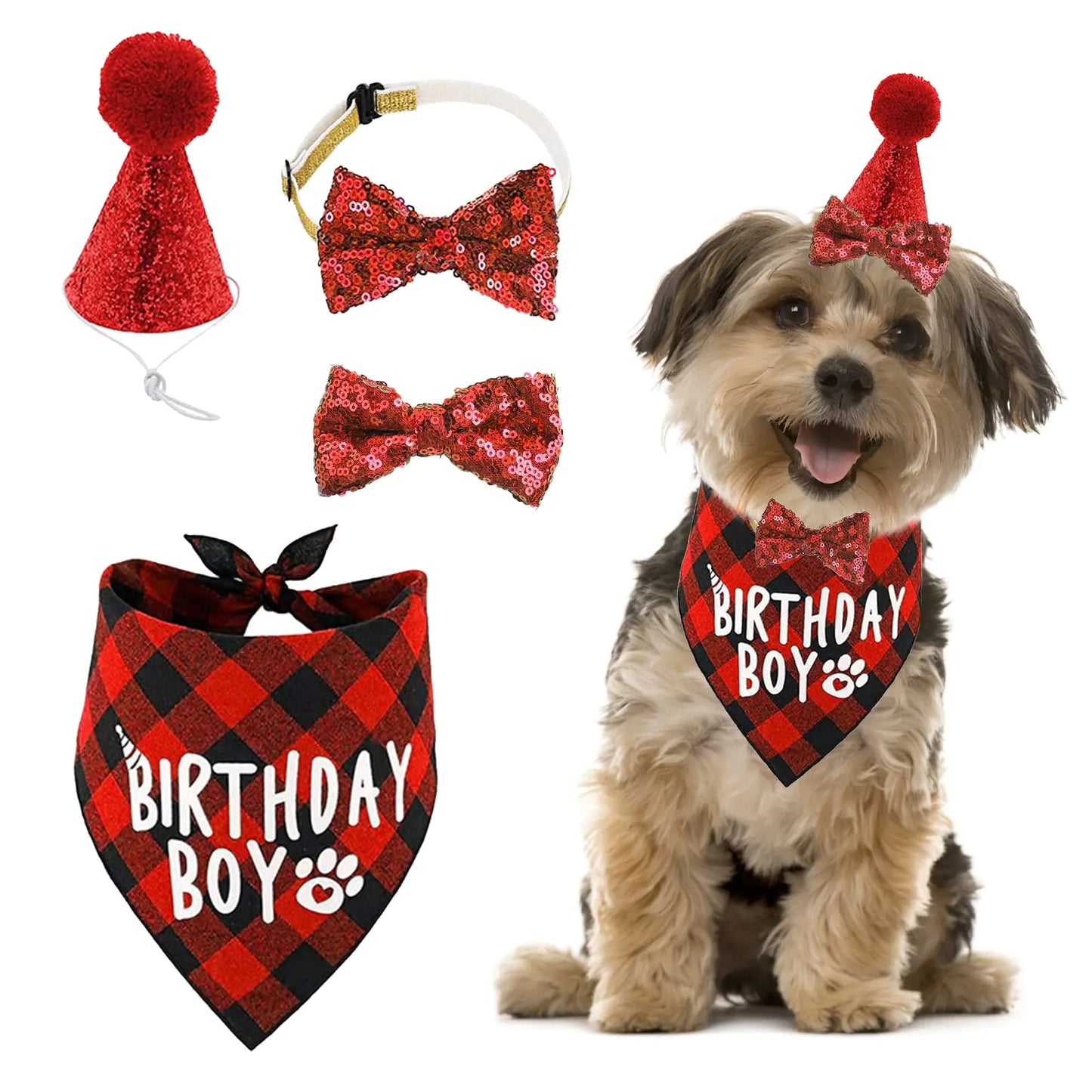 URROMA Dog Birthday Bandana Hat Bowtie Hairpin Set 1 Set Red Classic Plaid Birthday Decor Pets Triangle Scarfs Hat Tie and Hairpin for Pet Puppy Cat