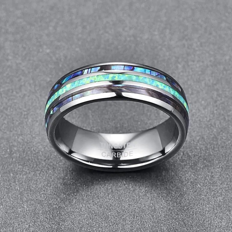 Blue Faux Opal Shell Inlay Tungsten Carbide Ring