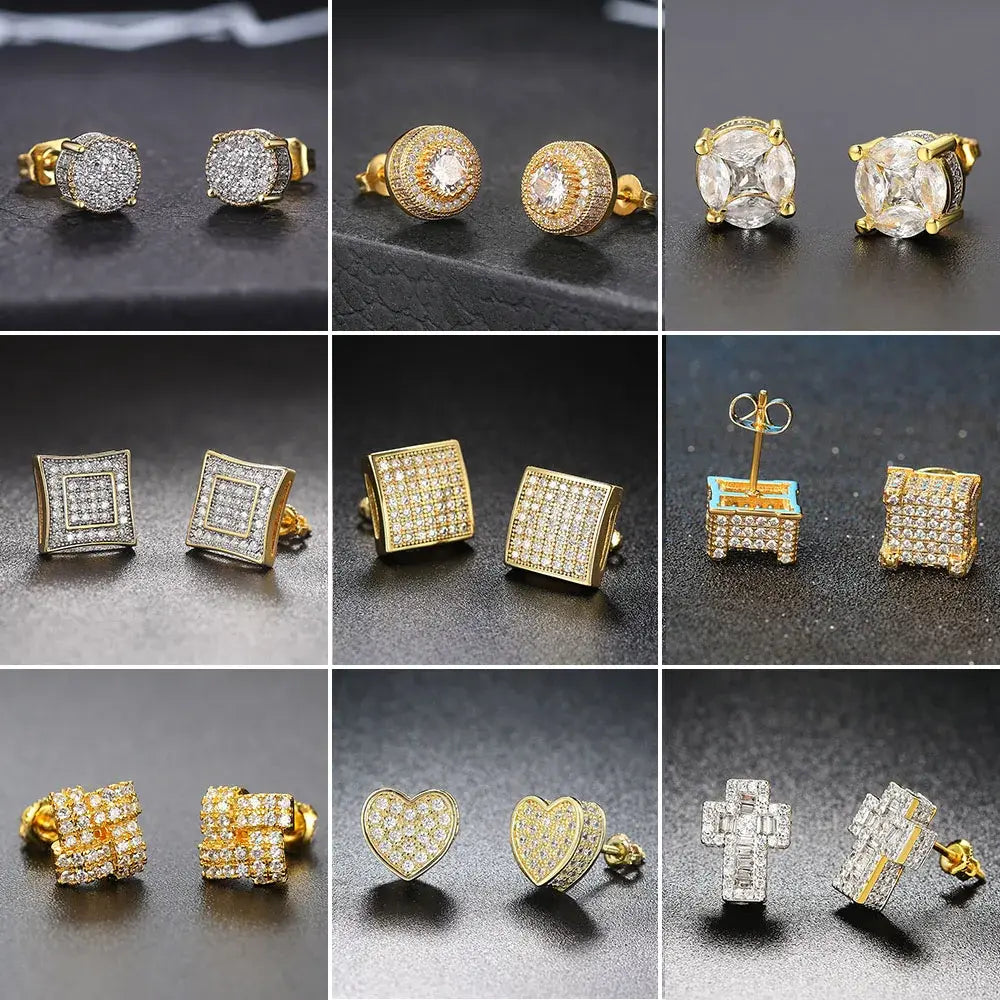 Rock Hip Hop Iced Out Stud Earring for Men Male Inlaid AAA+CZ Zircon Gold Color Piercing Ear Accessories Hiphop Trend Jewelry